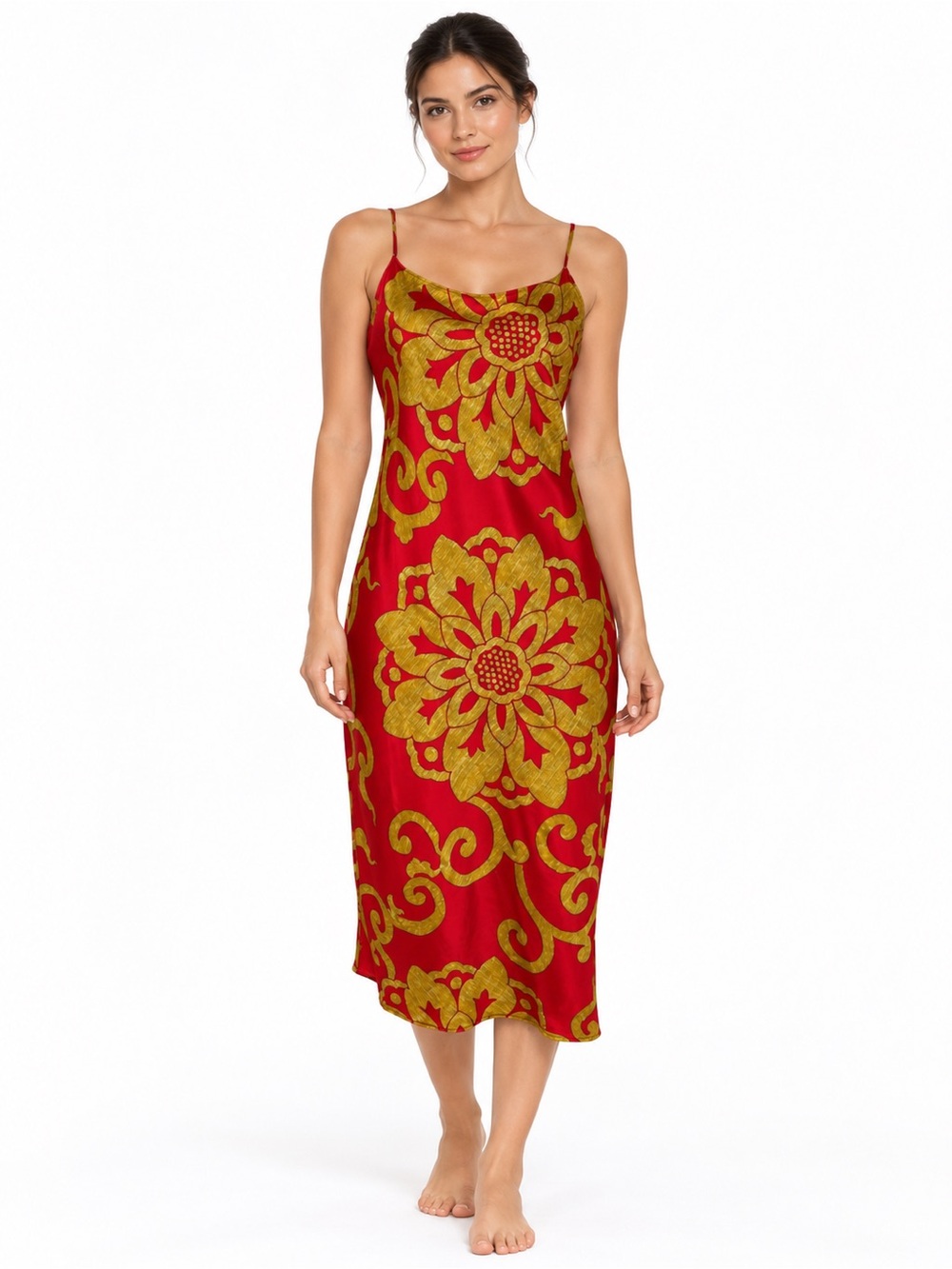 NATORI Private Luxuries Red & Gold Floral Slip Dress